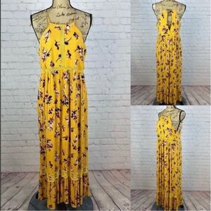 Miami Crinkly Yellow Floral Print Lace Trim Peekaboo Back Maxi